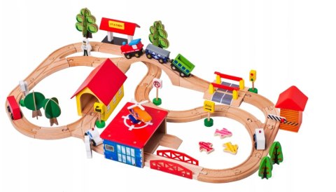 Drewniany Tor Kolejka Autka Drzewa Budynki Helikopter LEAN Toys Drewniany Tor Kolejka Autka Drzewa Budynki Helikopter LEAN Toys