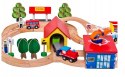 Drewniany Tor Kolejka Autka Drzewa Budynki Helikopter LEAN Toys