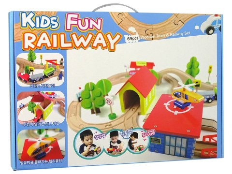 Drewniany Tor Kolejka Autka Drzewa Budynki Helikopter LEAN Toys Drewniany Tor Kolejka Autka Drzewa Budynki Helikopter LEAN Toys
