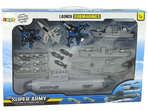 Zestaw Armii Morskiej Okrętowa Baza Wojskowa Odrzutowce Bomby Wyrzutnia LEAN Toys Zestaw Armii Morskiej Okrętowa Baza Wojskowa Odrzutowce Bomby Wyrzutnia LEAN Toys