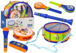 Instrumenty Muzyczne Zestaw Bęben Tamburyn Flet Kołatka Harmonijka Zwierzęta LEAN Toys