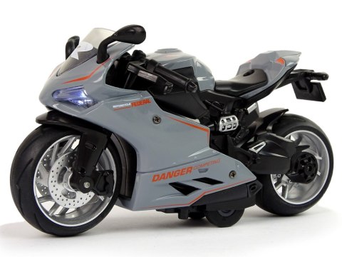 Motocykl Sportowy Szary Pomarańczowe Pasy 1:12 Napęd Pull-Back Dźwięk Światła LEAN Toys Motocykl Sportowy Szary Pomarańczowe Pasy 1:12 Napęd Pull-Back Dźwięk Światła LEAN Toys