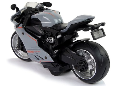 Motocykl Sportowy Szary Pomarańczowe Pasy 1:12 Napęd Pull-Back Dźwięk Światła LEAN Toys Motocykl Sportowy Szary Pomarańczowe Pasy 1:12 Napęd Pull-Back Dźwięk Światła LEAN Toys