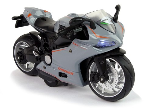 Motocykl Sportowy Szary Pomarańczowe Pasy 1:12 Napęd Pull-Back Dźwięk Światła LEAN Toys Motocykl Sportowy Szary Pomarańczowe Pasy 1:12 Napęd Pull-Back Dźwięk Światła LEAN Toys