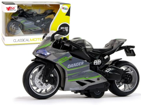 Motocykl Sportowy Szary Zielony Pasy 1:12 Napęd Pull-Back Dźwięk Światła LEAN Toys Motocykl Sportowy Szary Zielony Pasy 1:12 Napęd Pull-Back Dźwięk Światła LEAN Toys