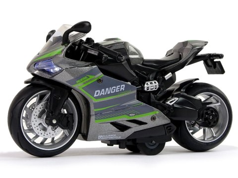 Motocykl Sportowy Szary Zielony Pasy 1:12 Napęd Pull-Back Dźwięk Światła LEAN Toys Motocykl Sportowy Szary Zielony Pasy 1:12 Napęd Pull-Back Dźwięk Światła LEAN Toys