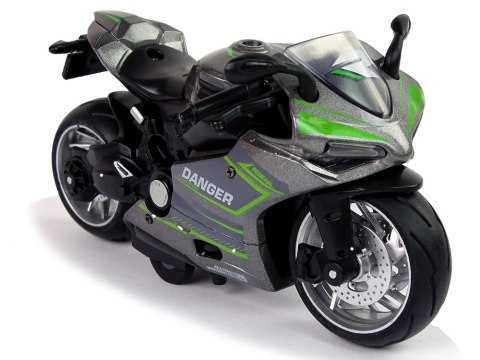 Motocykl Sportowy Szary Zielony Pasy 1:12 Napęd Pull-Back Dźwięk Światła LEAN Toys Motocykl Sportowy Szary Zielony Pasy 1:12 Napęd Pull-Back Dźwięk Światła LEAN Toys