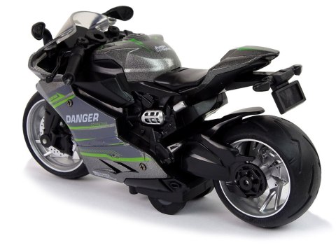 Motocykl Sportowy Szary Zielony Pasy 1:12 Napęd Pull-Back Dźwięk Światła LEAN Toys Motocykl Sportowy Szary Zielony Pasy 1:12 Napęd Pull-Back Dźwięk Światła LEAN Toys
