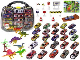 Zestaw Auta Sportowe Resoraki Dinozaury Akcesoria Znaki Drogowe Walizka LEAN Toys