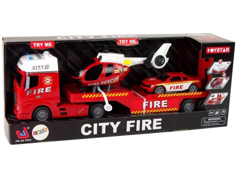 Zestaw Straż Pożarna Laweta Autko Helikopter Dźwięk Światła Czerwone LEAN Toys Zestaw Straż Pożarna Laweta Autko Helikopter Dźwięk Światła Czerwone LEAN Toys