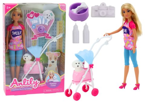 Lalka Anlily z Pieskiem W Wózku Butelki Miska Kość Aparat LEAN Toys Lalka Anlily z Pieskiem W Wózku Butelki Miska Kość Aparat LEAN Toys