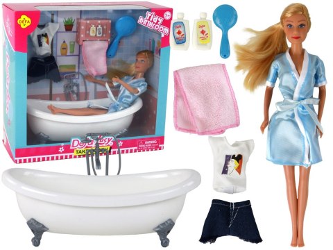 Lalka Dla Dzieci Długie Blond Włosy Szlafrok Niebieski Wanna Łazienka LEAN Toys Lalka Dla Dzieci Długie Blond Włosy Szlafrok Niebieski Wanna Łazienka LEAN Toys