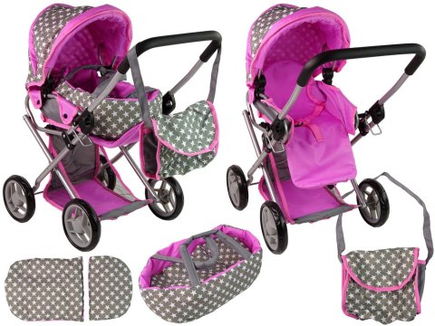 Wózek Dla Lalek Spacerówka 2 w 1 Torba Szaro Różowy Gwiazdki Alice Wózek Dla Lalek Spacerówka 2 w 1 Torba Szaro Różowy Gwiazdki Alice