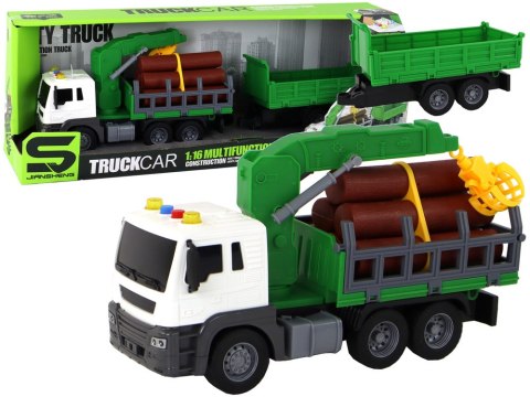 Ciężarówka Z Dźwigiem Przyczepą Napęd Frykcyjny Dźwięki Zielona Drewno 1:16 LEAN Toys Ciężarówka Z Dźwigiem Przyczepą Napęd Frykcyjny Dźwięki Zielona Drewno 1:16 LEAN Toys