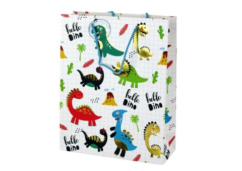 Papierowa Torba Prezentowa Biała W Kratkę Dinozaury 32 cm x 26 cm x 10 cm LEAN TOYS Papierowa Torba Prezentowa Biała W Kratkę Dinozaury 32 cm x 26 cm x 10 cm LEAN TOYS