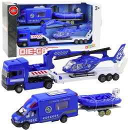 Zestaw Policyjny Samochód Ratunkowy Łódź Ciężarówka Helikopter Niebieski LEAN Toys