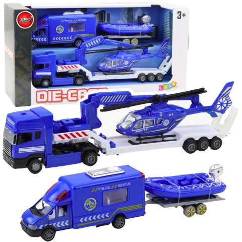 Zestaw Policyjny Samochód Ratunkowy Łódź Ciężarówka Helikopter Niebieski LEAN Toys Zestaw Policyjny Samochód Ratunkowy Łódź Ciężarówka Helikopter Niebieski LEAN Toys