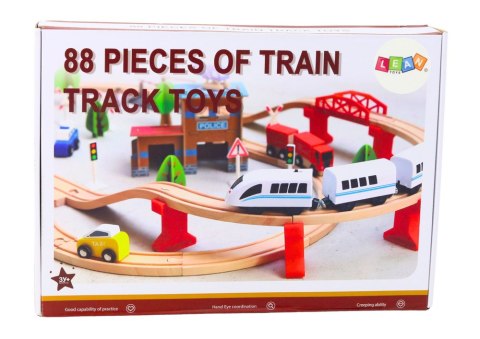 Zestaw Pociąg Tory Kolejka Drewniana Auta Budynki 88 El LEAN Toys Zestaw Pociąg Tory Kolejka Drewniana Auta Budynki 88 El LEAN Toys