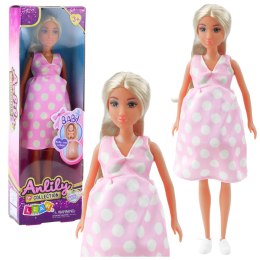 Lalka Anlily W Ciąży Jasno Różowa W Kropki Sukienka Długie Włosy LEAN Toys