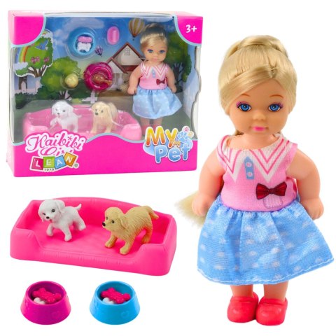 Zestaw Mini Laleczka Z Dwoma Pieskami Legowisko Miski Z Karmą Zestaw Mini Laleczka Z Dwoma Pieskami Legowisko Miski Z Karmą