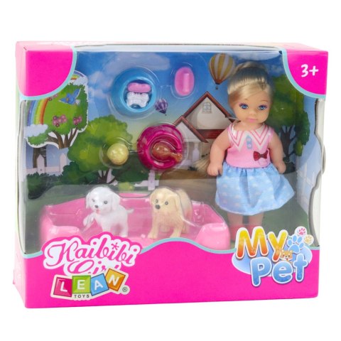 Zestaw Mini Laleczka Z Dwoma Pieskami Legowisko Miski Z Karmą Zestaw Mini Laleczka Z Dwoma Pieskami Legowisko Miski Z Karmą
