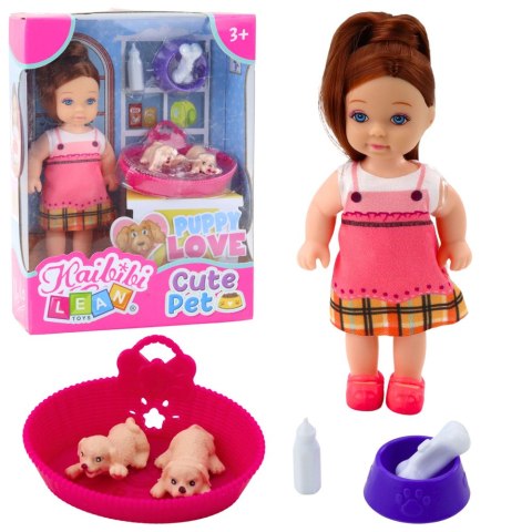 Zestaw Mini Laleczka Z Dwoma Szczeniaczkami Legowisko Miska Butelka Zestaw Mini Laleczka Z Dwoma Szczeniaczkami Legowisko Miska Butelka