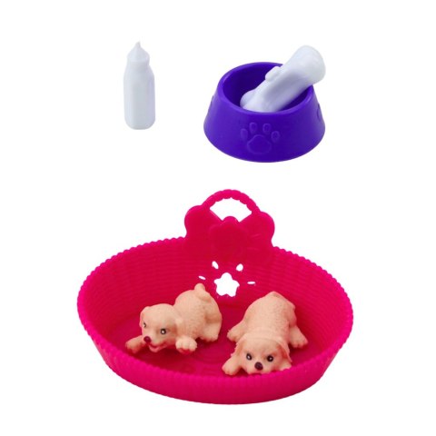 Zestaw Mini Laleczka Z Dwoma Szczeniaczkami Legowisko Miska Butelka Zestaw Mini Laleczka Z Dwoma Szczeniaczkami Legowisko Miska Butelka